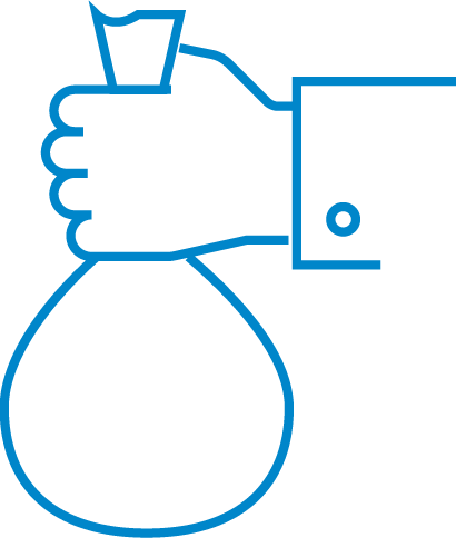 Blue illustration outline of a hand holding a money bag